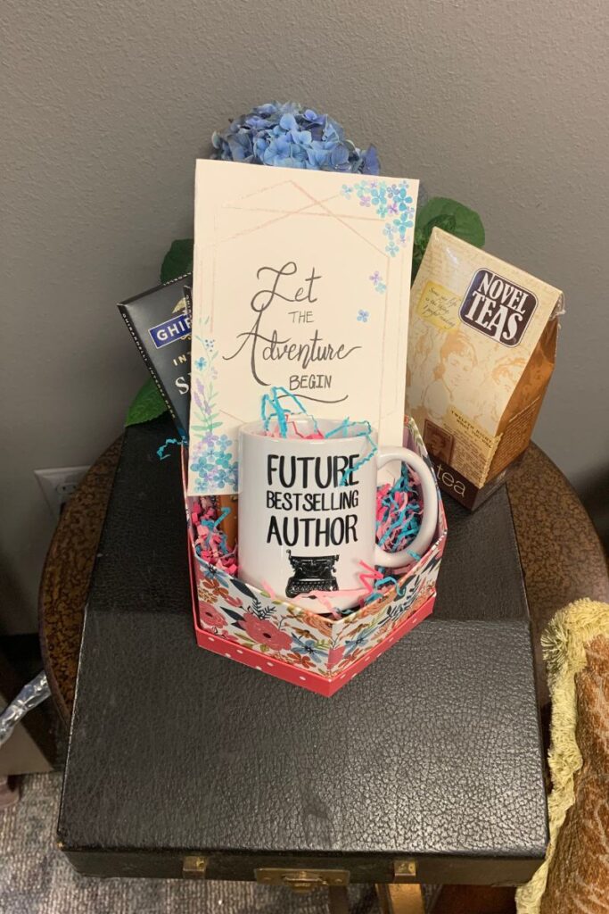 Gift basket and typewriter from K.T. Jay's friends on her last day at in the office before working full-time as an author.