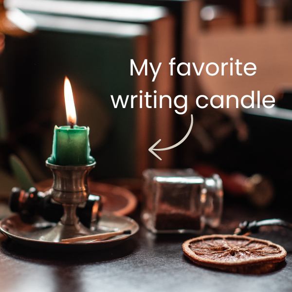 My favorite green writing candle on my desk.