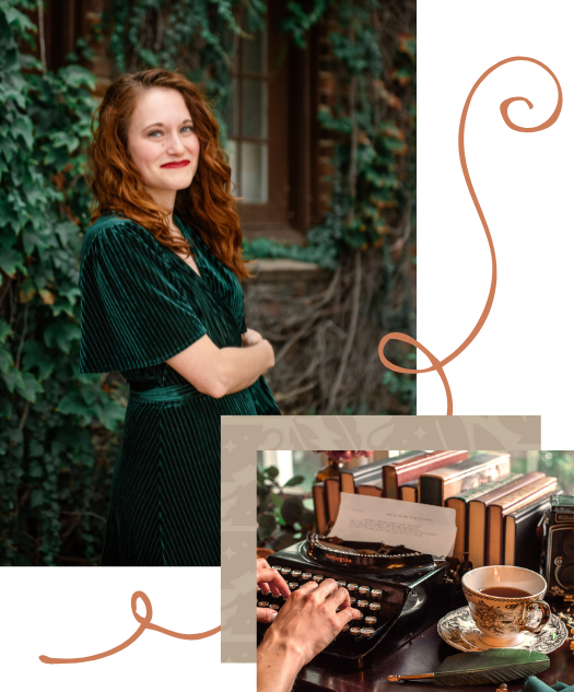 Author K.T. Jay in a green dress in front of vines, and typing at her desk.